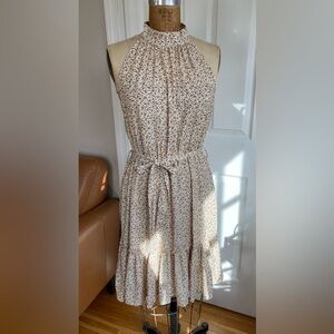 SHEIN Cream Dress with Brown Floral Tie-Waist